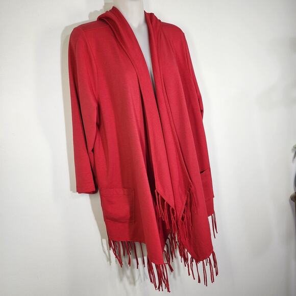 Chicos Zenergy Women’s Sweater Open Cardigan Hooded 3/4 Sleeve Fringe Red Large - Picture 4 of 10